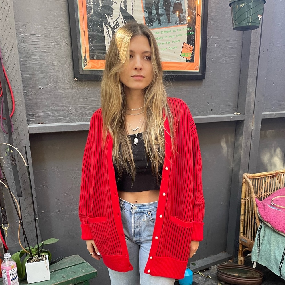 Opening ceremony red and black striped cardigan pearl buttons oversized fit